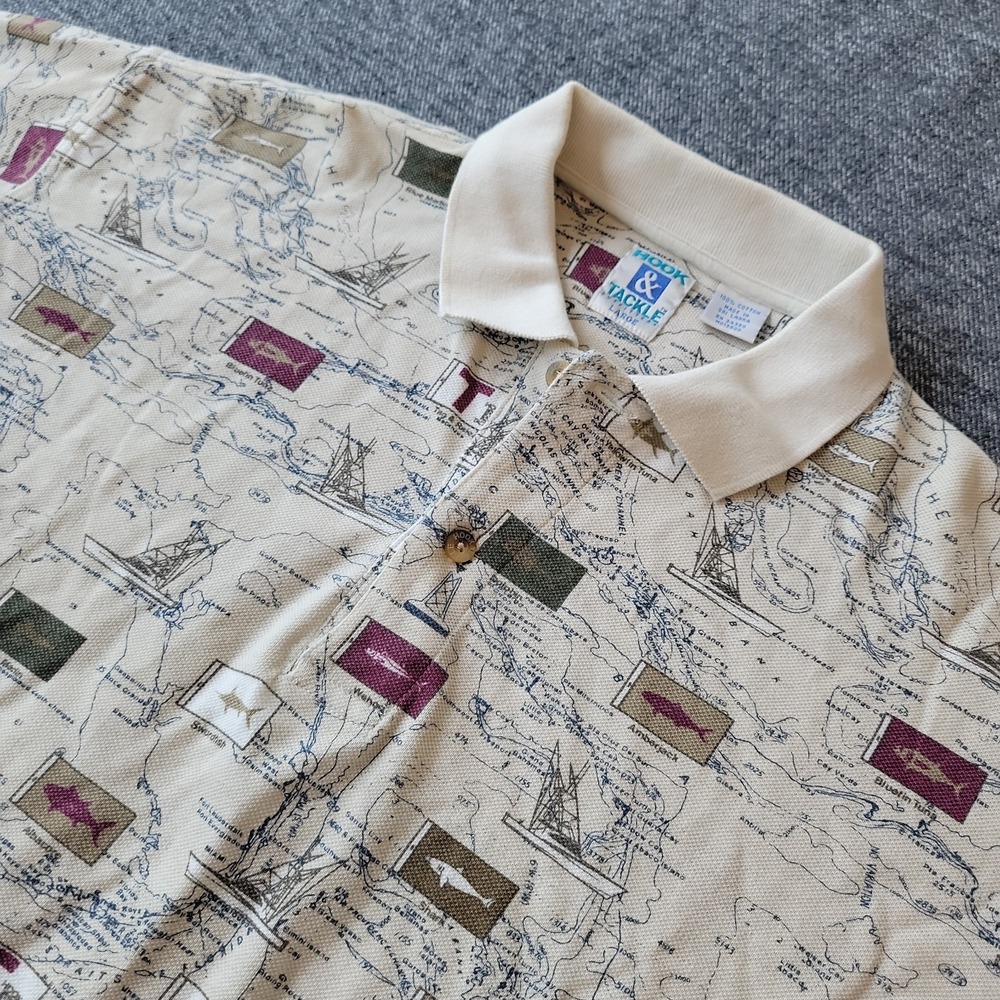 Vintage Hook & Tackle Polo Shirt Men's Large Beige Fish Nautical All Over Print